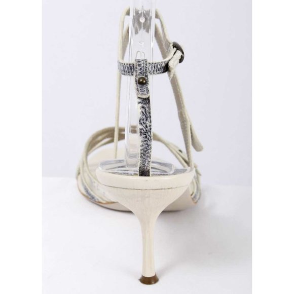 FURLA Blue & Cream Snakeskin Embossed Leather Strappy Ankle Strap Heel Sandals - Picture 4 of 8